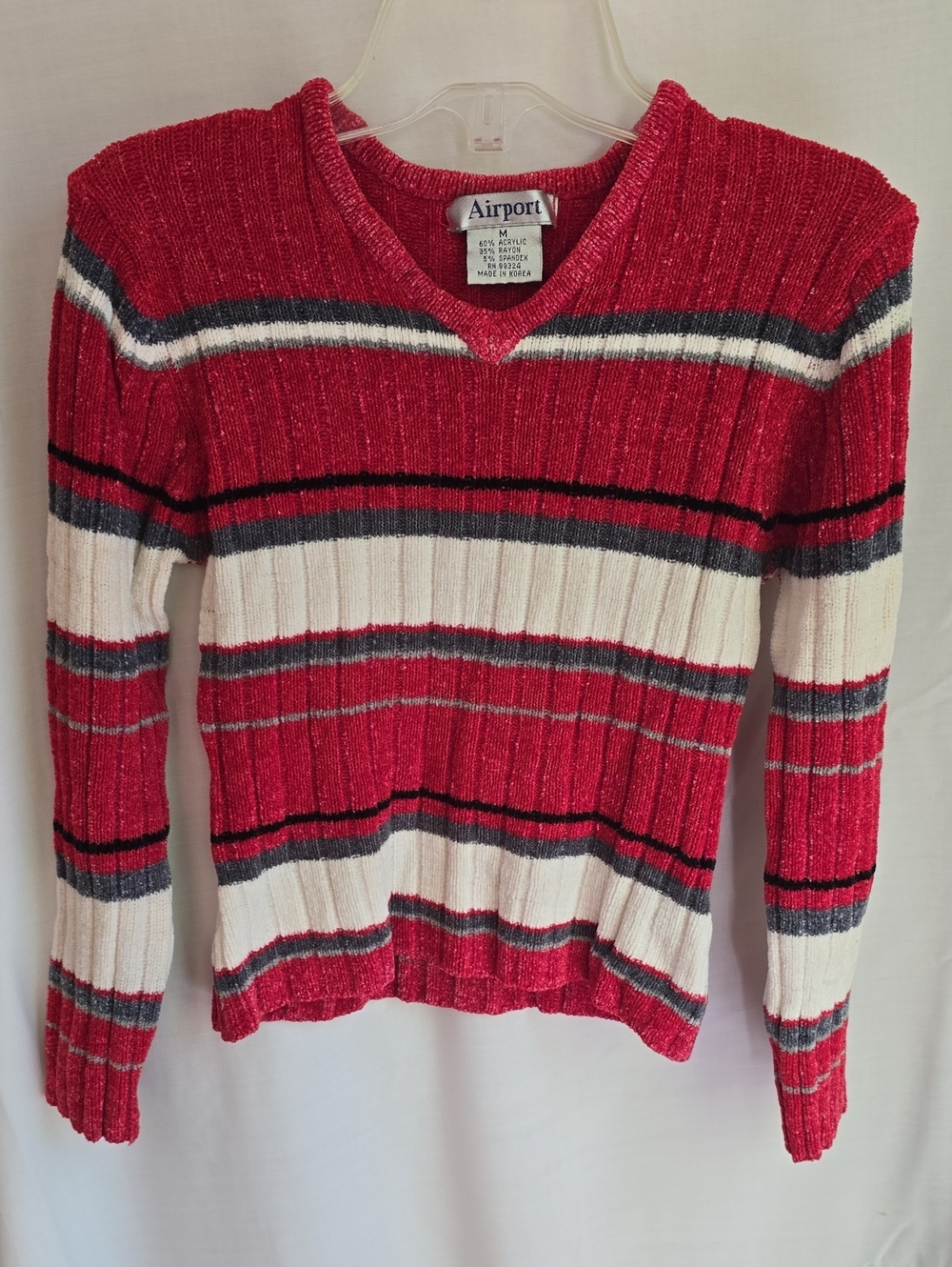Kids' Red & Cream Striped V-Neck Sweater